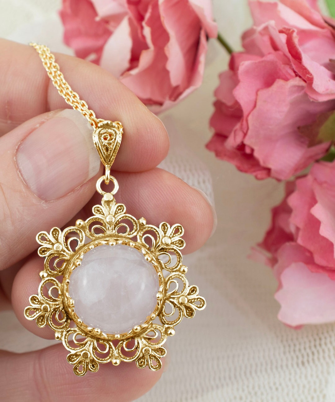 Set di collana e orecchini pendenti in argento 925 placcato oro rosa con perle e fiore - gioielli personalizzati all'ingrosso