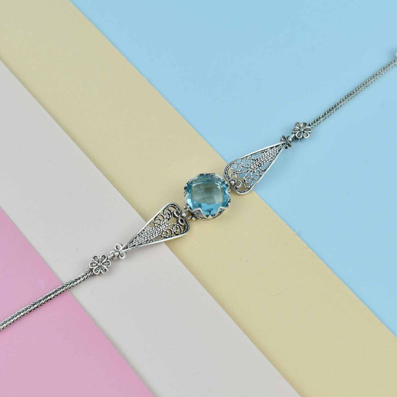 Blue Topaz Silver Gothic Dark Aesthetic Bracelet, Unique Handmade Edgy Charm Bracelet Gift, Victorian Retro Women Statement Jewelry