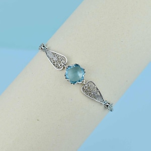 Blue Topaz Silver Gothic Dark Aesthetic Bracelet, Unique Handmade Edgy Charm Bracelet Gift, Victorian Retro Women Statement Jewelry