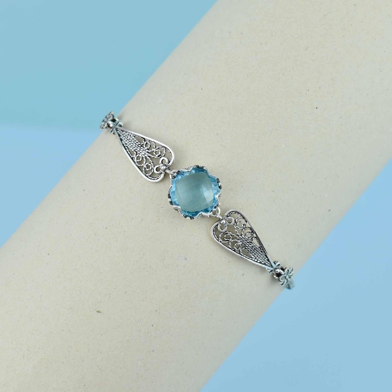 Blue Topaz Silver Gothic Dark Aesthetic Bracelet, Unique Handmade Edgy Charm Bracelet Gift, Victorian Retro Women Statement Jewelry