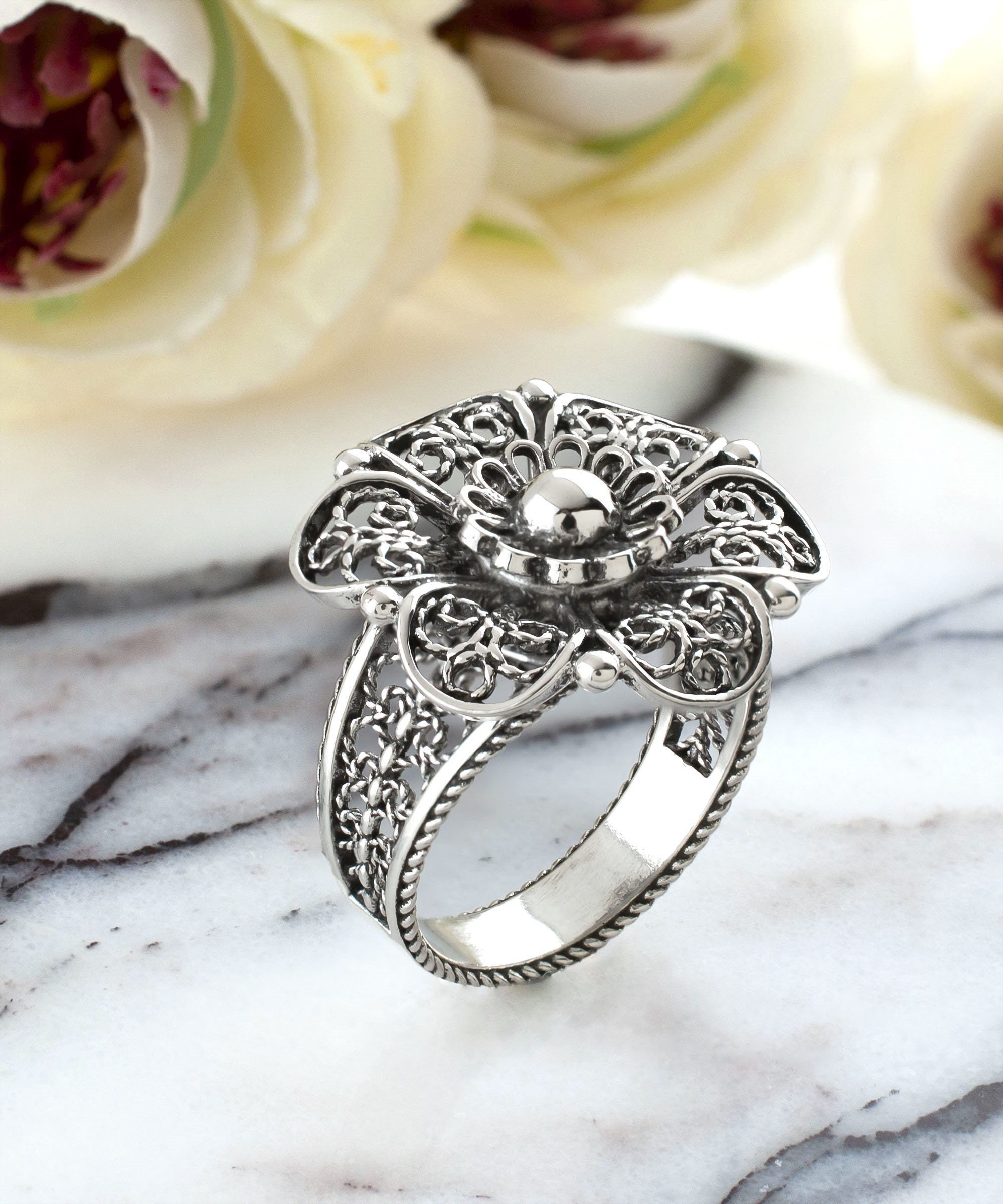 Sterling Silver Women Lace Flower Ring, Handcrafted Lace Embroidery Filigree Art Statement Cocktail Ring