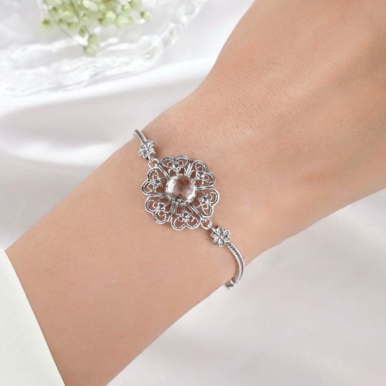 Prasiolite Gemstone Clover Flower Sterling Silver Woman Link Bracelet, Filigree Art Adjustable Charm Bracelet, Birthday Gift Her