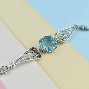 Blue Topaz Silver Gothic Dark Aesthetic Bracelet, Unique Handmade Edgy Charm Bracelet Gift, Victorian Retro Women Statement Jewelry