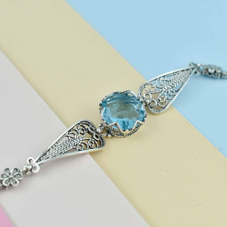 Blue Topaz Silver Gothic Dark Aesthetic Bracelet, Unique Handmade Edgy Charm Bracelet Gift, Victorian Retro Women Statement Jewelry
