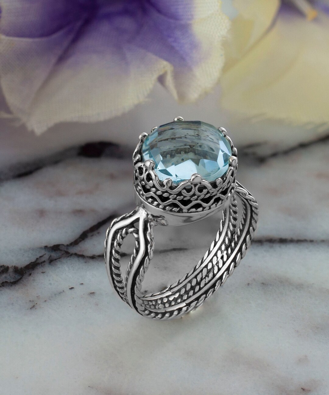 925 Sterling Silver Filigree Women Cocktail Ring, Blue Topaz Gemstone ...