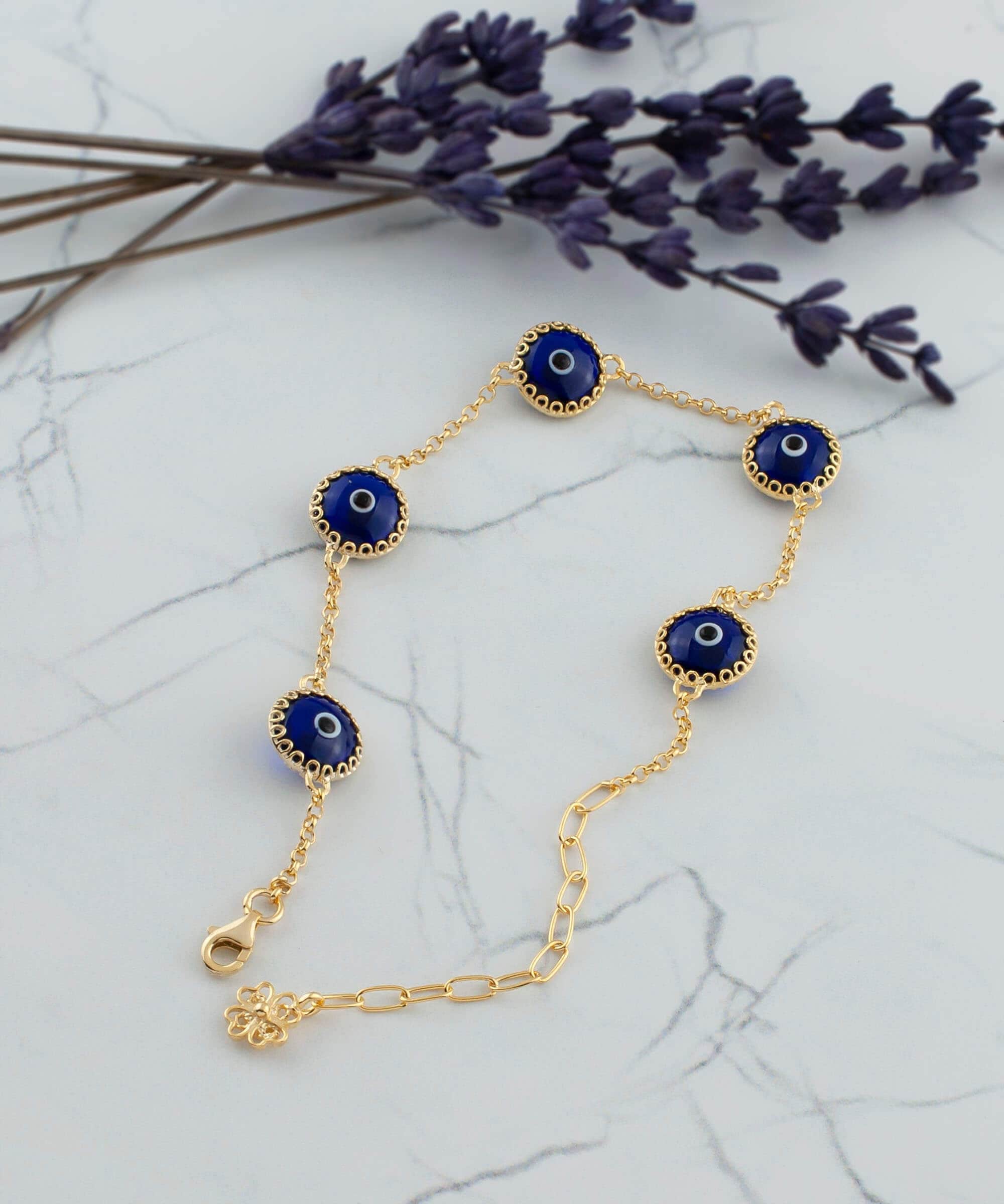Qings Braccialetto Regolabile per Evil Eye Bracciale Realizzato in Argento 925 con Cristalli Blu, Placcato Oro Bianco, Regalo per Donna Ragazza