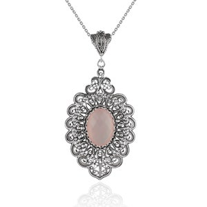 Roze Chalcedoon Edelsteen 925 Sterling Zilveren Hanger Ketting, Filigraan Kunst Vrouwen Ovale Hanger, Handgemaakte Vintage Look Boho Charm Hanger