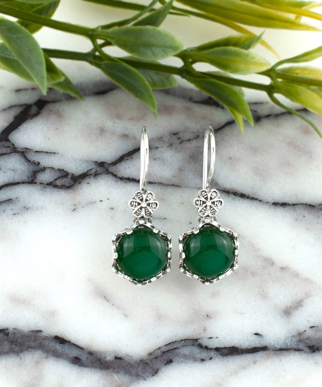 Georgini Natural Green Agate and Two Natural Diamond May Earrings - Silver