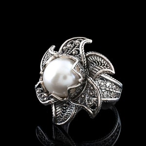 Pearl 925 Sterling Silver Filigree Art Lotus Flower Women Cocktail Ring - Pendant Necklace Jewelry Set, Handmade Solid Silver Jewelry Set image 10