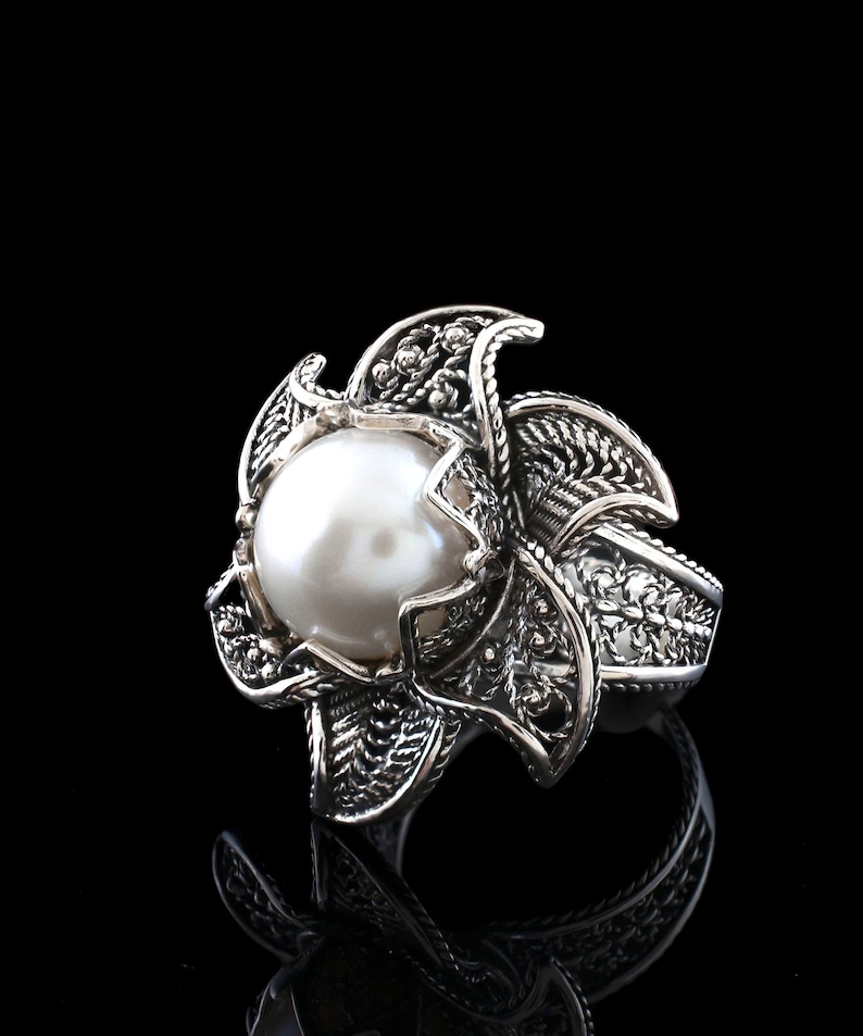 Pearl 925 Sterling Silver Filigree Art Lotus Flower Women Cocktail Ring - Pendant Necklace Jewelry Set, Handmade Solid Silver Jewelry Set image 10