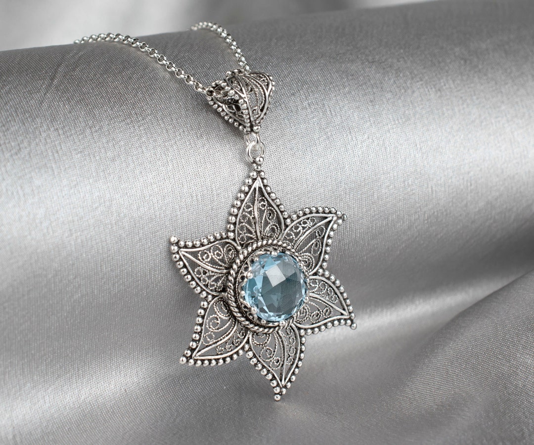 925 Sterling Silver Blue Topaz Boho Pendant Necklace Handcrafted ...