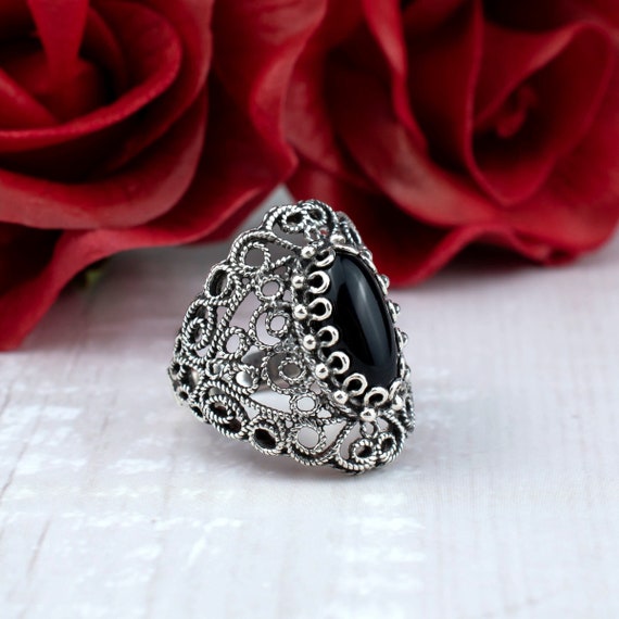 Striking Black Onyx Gemstone Women Cocktail Ring, Intricate Filigree Lace Design Sterling Silver Women Statement Ring, Anniversary Gift Her