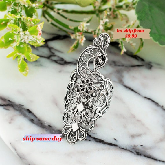 925 Sterling Silver Peacock Ring, Handmade Solid Silver Women Cocktail Ring,  Filigree Art Index Finger Long Ring, Silver Protection Ring - Etsy