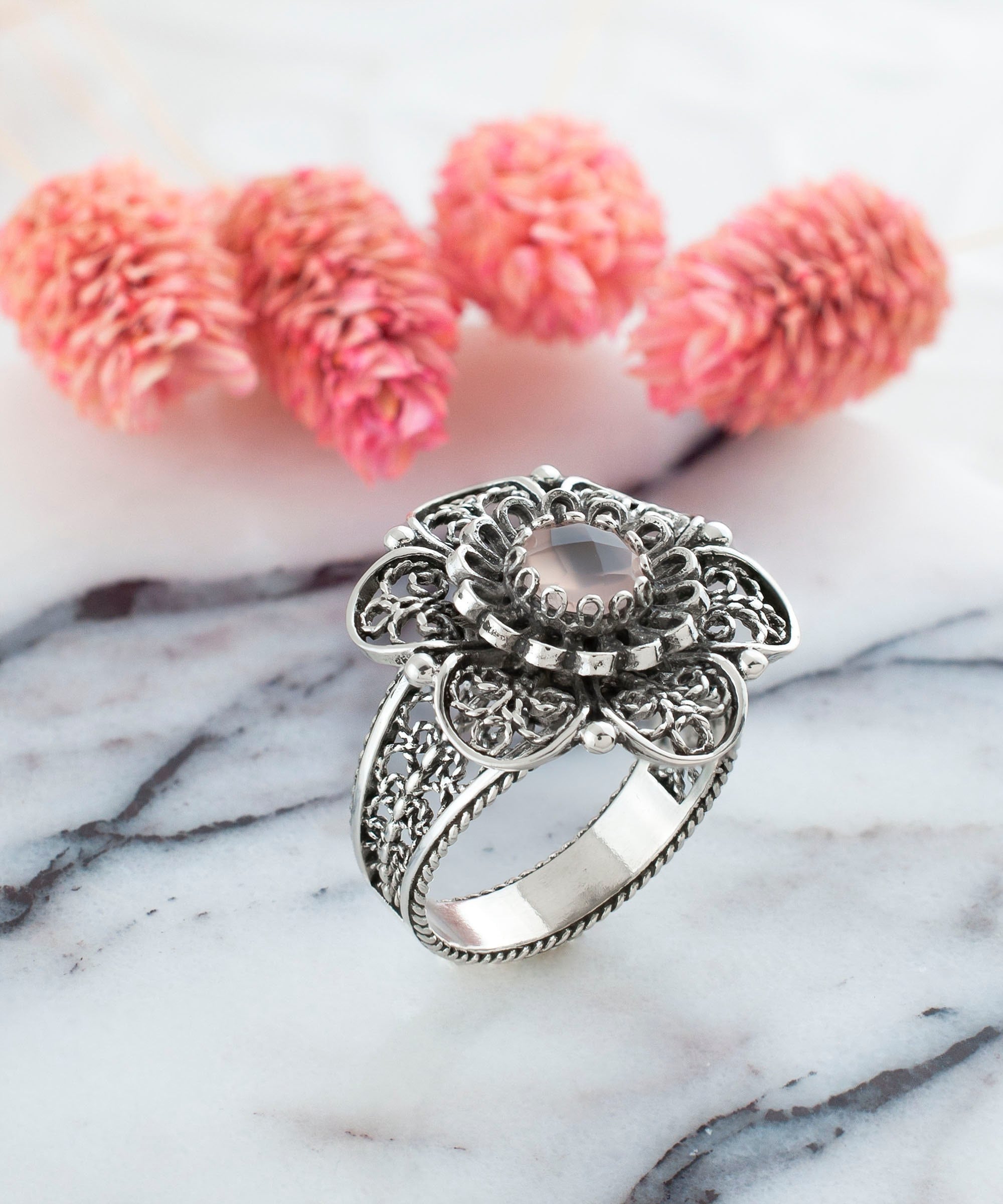 Sterling Silver Pink Chalcedony Gemstone Women Flower Ring