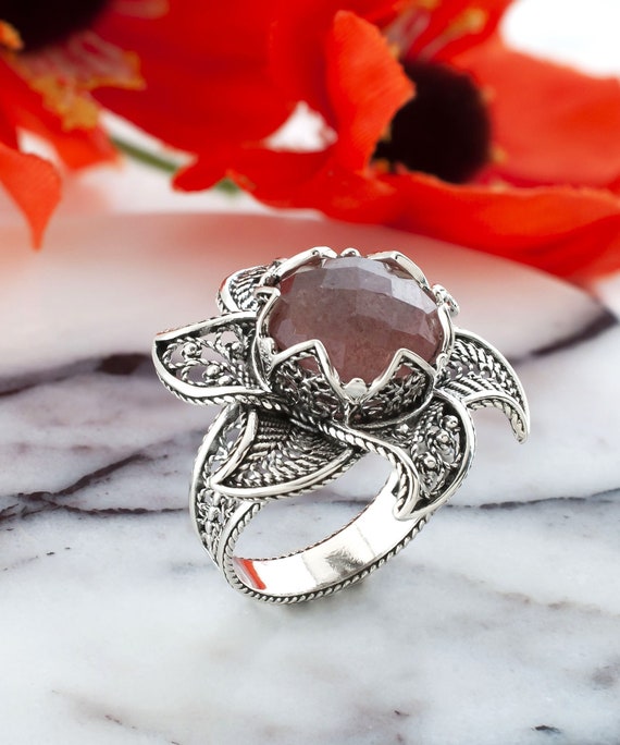 Genuine Cherry Quartz Gemstone 925 Sterling Silver Lotus Flower
