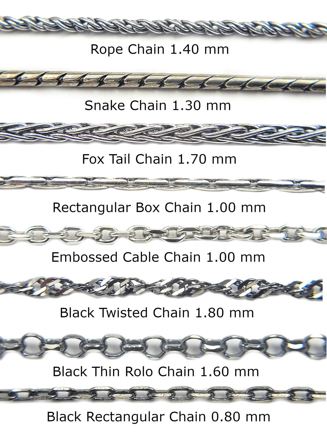 Sterling Silver Chain, Rope, Fox Tail, Snake, Embossed