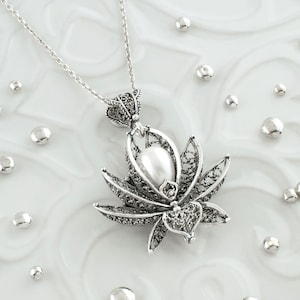 Pearl 925 Sterling Silver Filigree Art Lotus Flower Women Cocktail Ring - Pendant Necklace Jewelry Set, Handmade Solid Silver Jewelry Set image 4