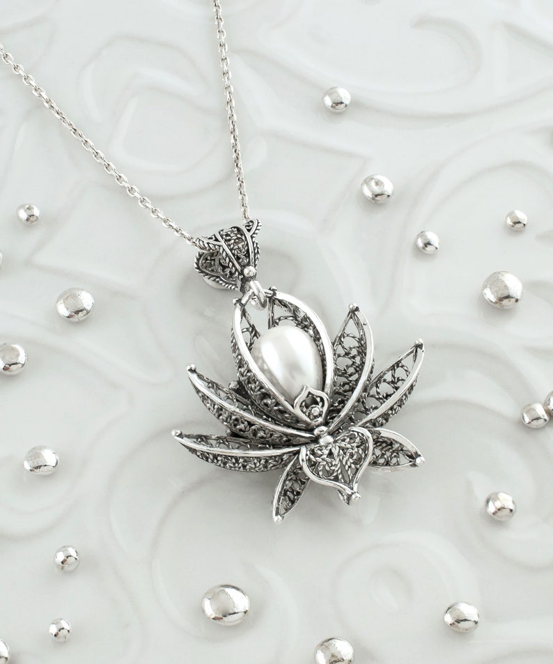 Pearl 925 Sterling Silver Filigree Art Lotus Flower Women Cocktail Ring - Pendant Necklace Jewelry Set, Handmade Solid Silver Jewelry Set image 4