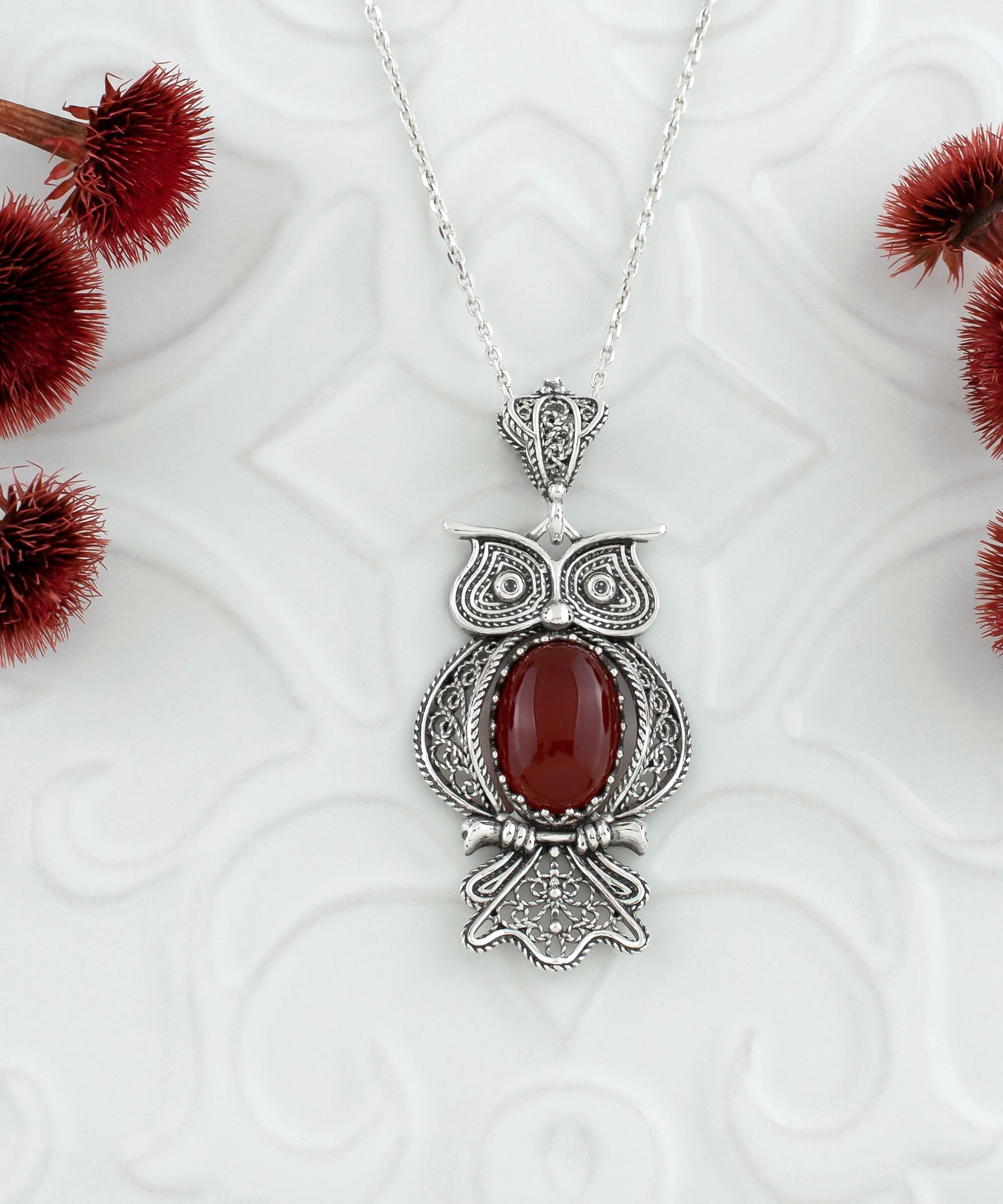 925 Sterling Silver Filigree Art Owl Design Carnelian Women Pendant Necklace, 18"+2" Silve