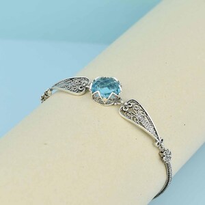 Blue Topaz Silver Gothic Dark Aesthetic Bracelet, Unique Handmade Edgy Charm Bracelet Gift, Victorian Retro Women Statement Jewelry
