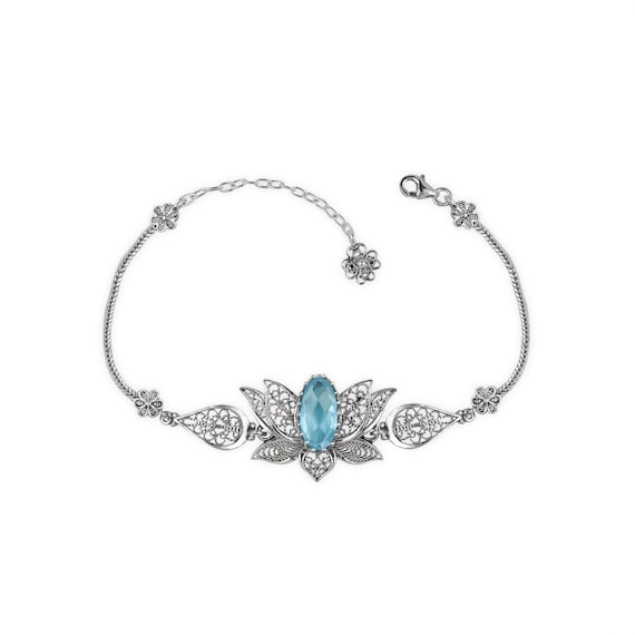 Sky Blue Topaz Gemstone 925 Sterling Silver Woman Link Bracelet, Filigree Art Lotus Flower Design Adjustable Bracelet, Anniversary Gift Her