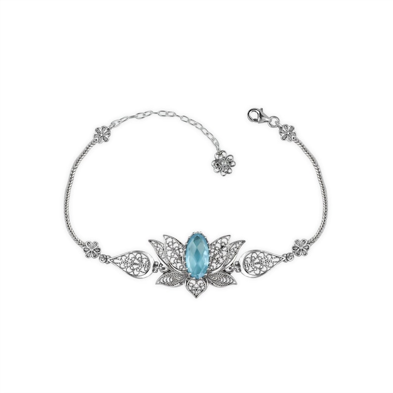 Sky Blue Topaz Gemstone 925 Sterling Silver Woman Link Bracelet, Filigree Art Lotus Flower Design Adjustable Bracelet, Anniversary Gift Her