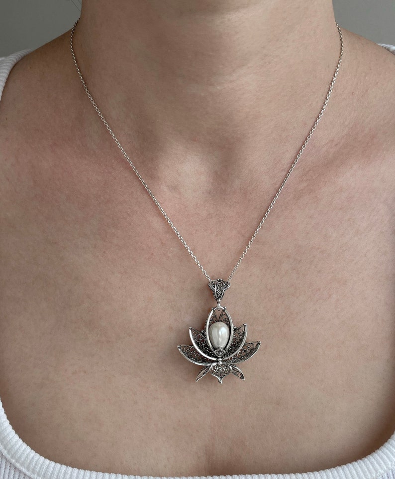 Pearl 925 Sterling Silver Filigree Art Lotus Flower Women Cocktail Ring - Pendant Necklace Jewelry Set, Handmade Solid Silver Jewelry Set image 8