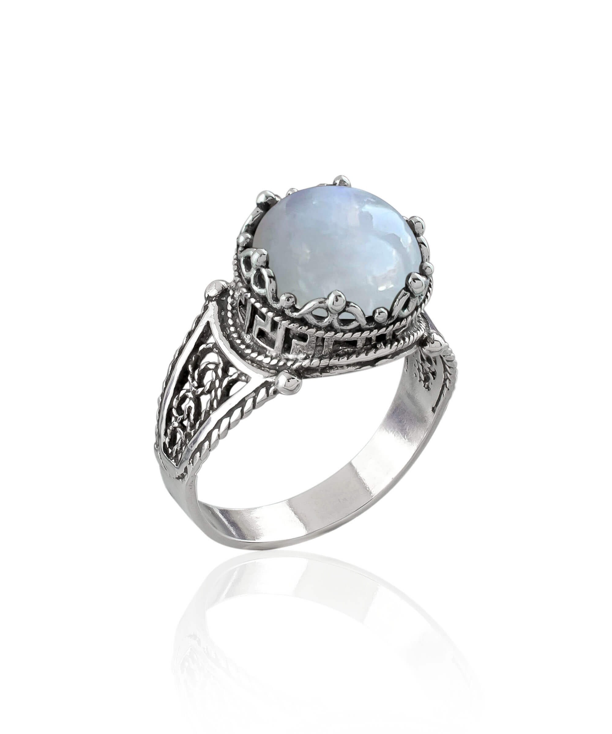 925 Sterling Silver Filigree Greek Key Women Cocktail Ring, Rose Quartz or Rainbow Moonstone Gemstone Everyday Ring, Size 5-12.5, Gift Boxed