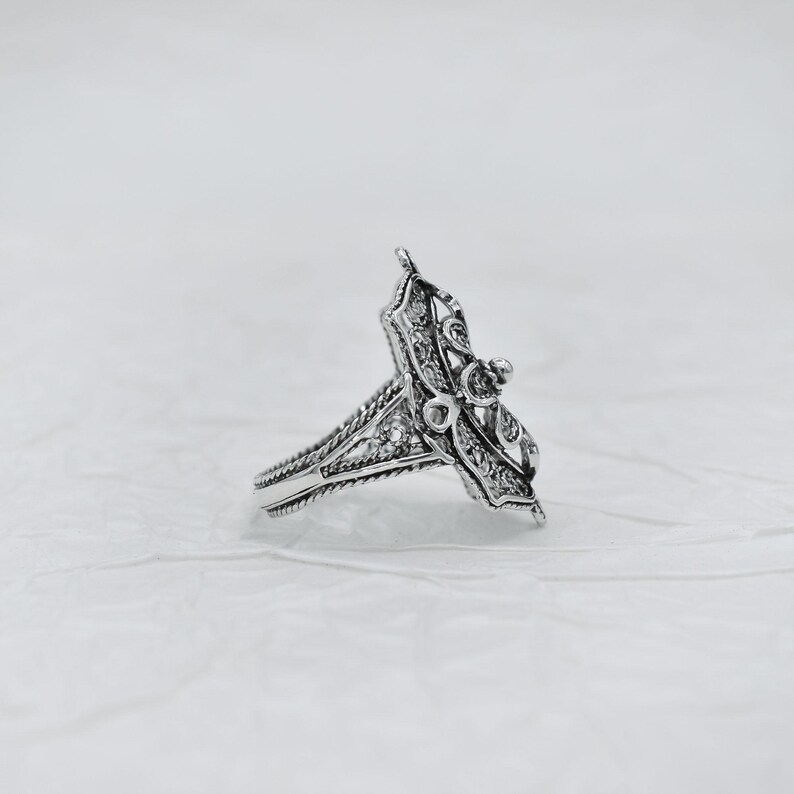 Sterling Silver Women Flower Bold Ring, Artisan Made Handcrafted Lace Embroidery Filigree Art Bold Ring image 6