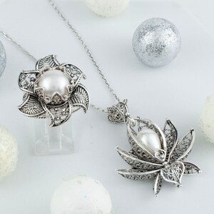 Pearl 925 Sterling Silver Filigree Art Lotus Flower Women Cocktail Ring - Pendant Necklace Jewelry Set, Handmade Solid Silver Jewelry Set image 2