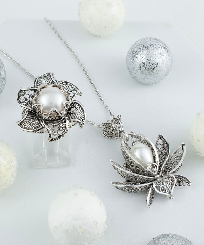 Pearl 925 Sterling Silver Filigree Art Lotus Flower Women Cocktail Ring - Pendant Necklace Jewelry Set, Handmade Solid Silver Jewelry Set image 2