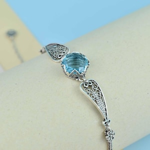 Blue Topaz Silver Gothic Dark Aesthetic Bracelet, Unique Handmade Edgy Charm Bracelet Gift, Victorian Retro Women Statement Jewelry