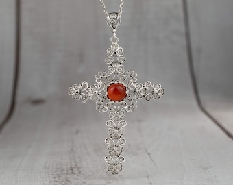 925 Sterling Silber Filigree Kunst Kreuz Anhänger Halskette, Massiv Silber Handgemachte Amethyst - Citrin - Topas Edelstein Religiöse Charm Halskette