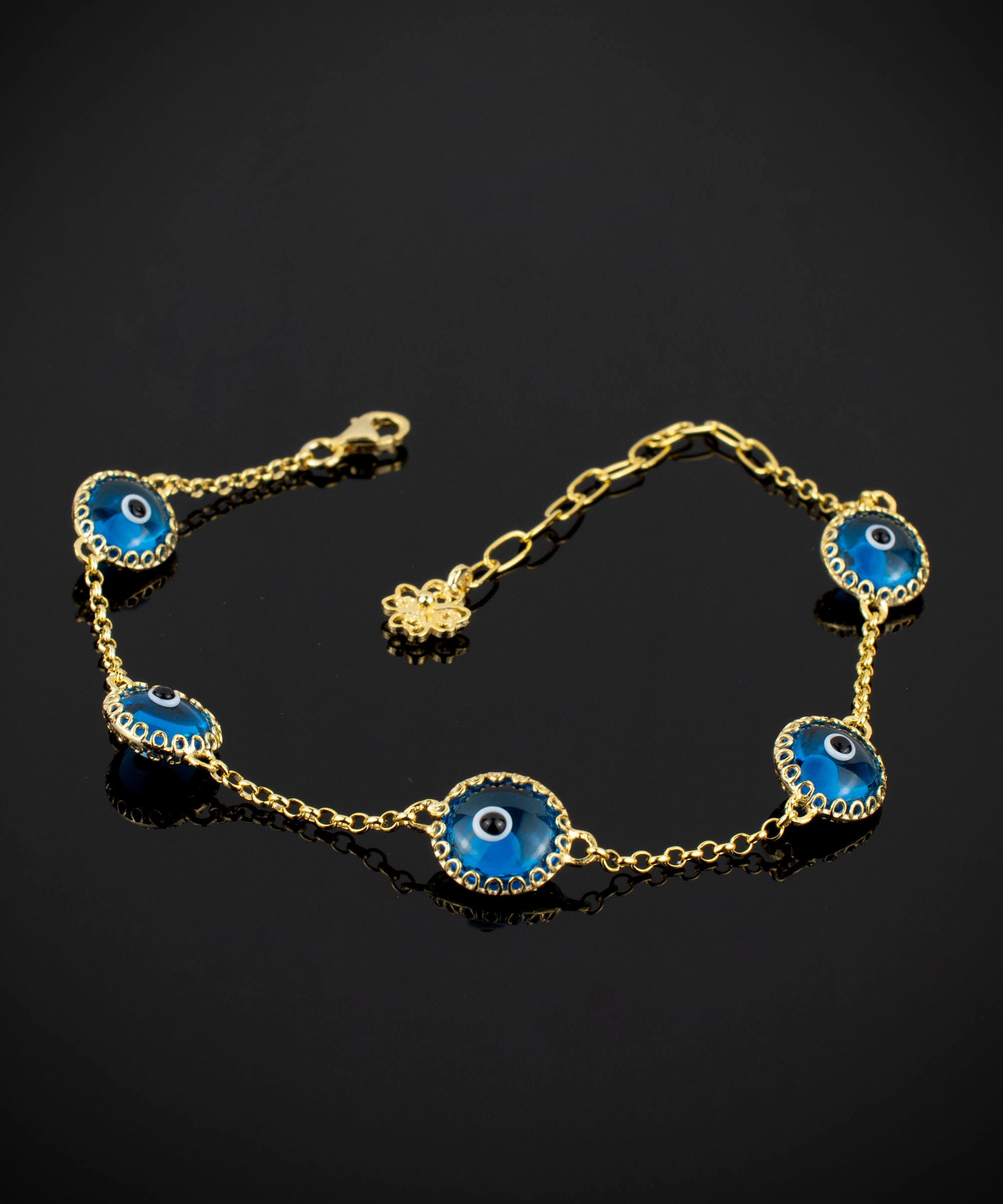 PAENENPH Pulsera De Oro Rosa Sólido De 14 Quilates Sobre Plata 925 De Moissanita Contra El Mal De Ojo Para Mujer, Pulsera De Cadena Ajustable De Triple Ojo Azul De Lujo