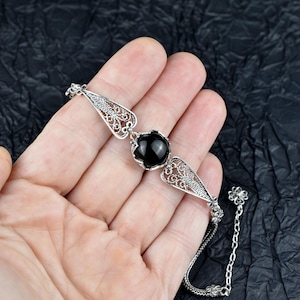 Black Onyx Silver Gothic Dark Aesthetic Bracelet, Unique Handmade Edgy Charm Bracelet Gift, Victorian Retro Women Statement Jewelry