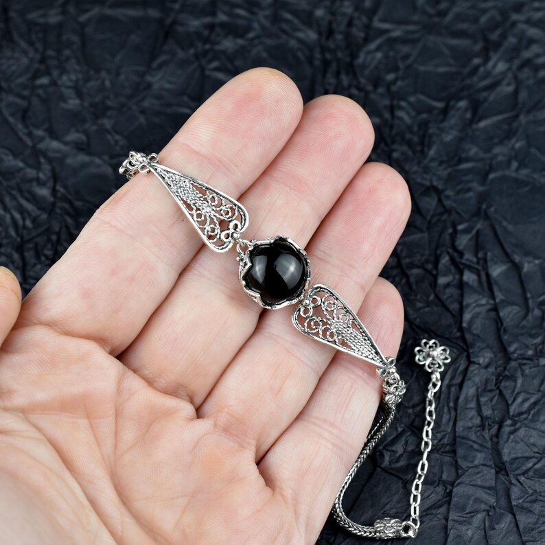 Black Onyx Silver Gothic Dark Aesthetic Bracelet, Unique Handmade Edgy Charm Bracelet Gift, Victorian Retro Women Statement Jewelry