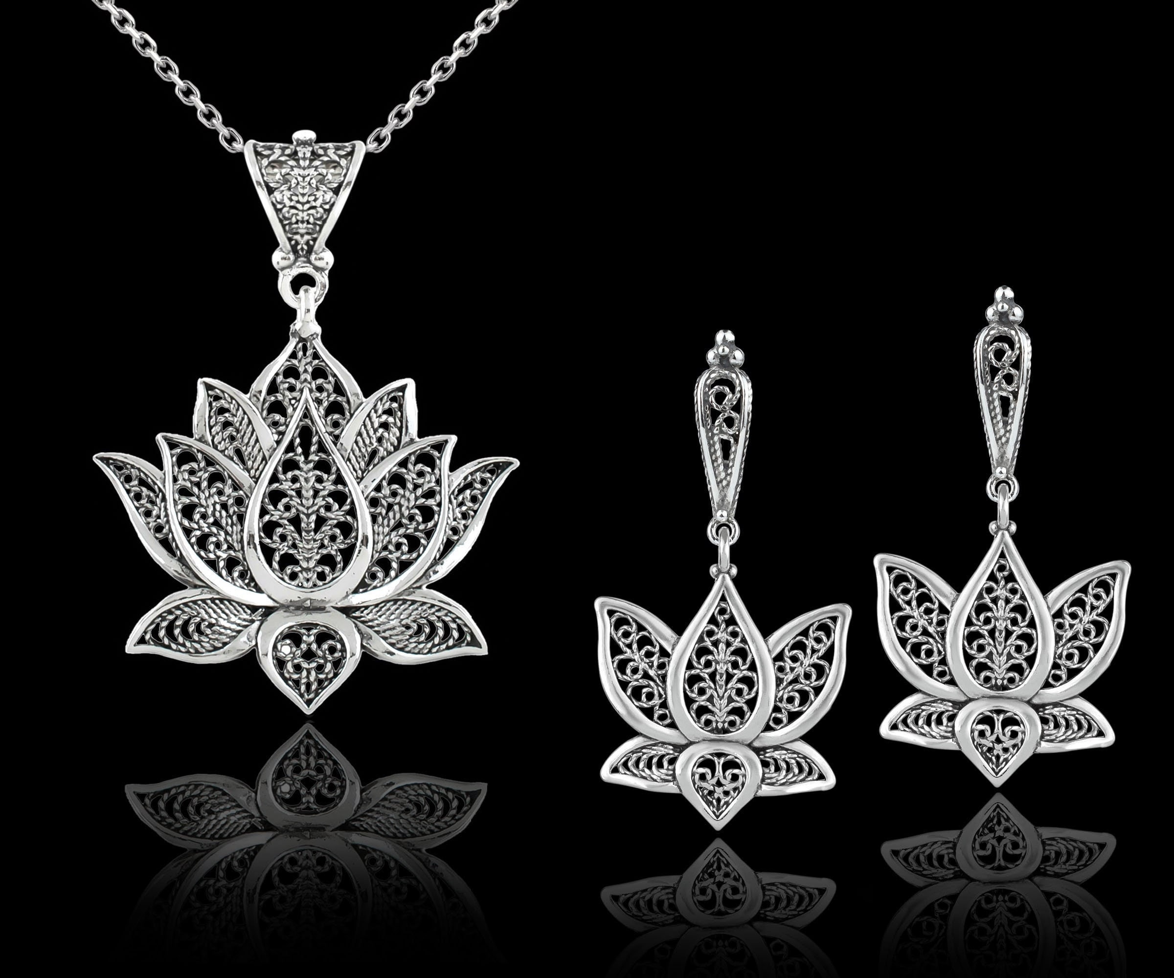 925 Sterling Silver Filigree Art Lotus Flower Women Pendant Necklace - Dangle Drop Earrings Jewelry Set, Handmade Solid Silver Jewelry Set