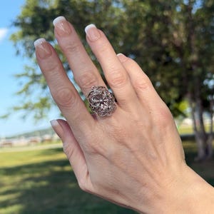 Sterling Silver Women Flower Bold Ring, Artisan Made Handcrafted Lace Embroidery Filigree Art Bold Ring image 16