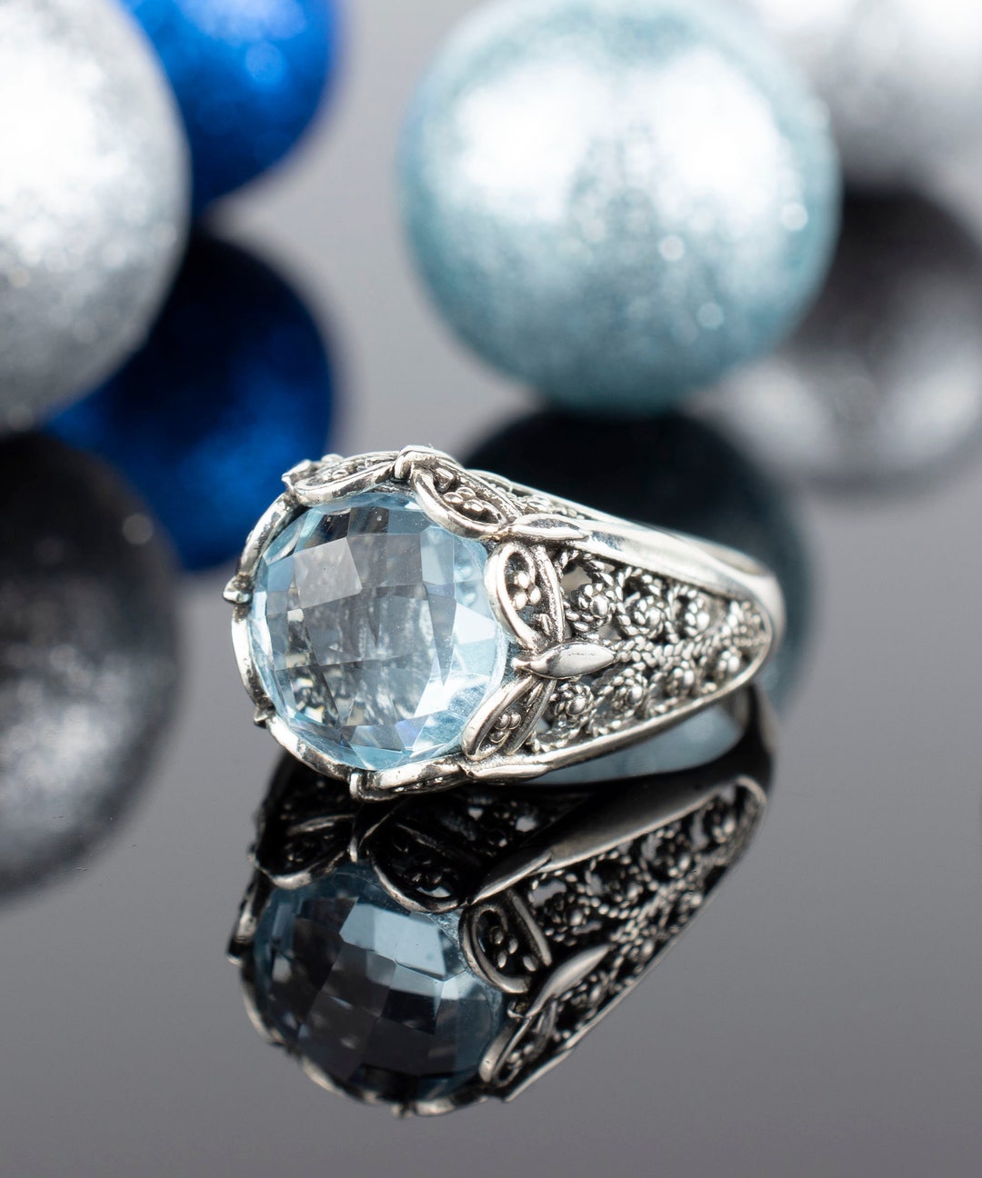 925 Sterling Silver Blue Topaz Gemstone Women Cocktail Ring, Filigree ...