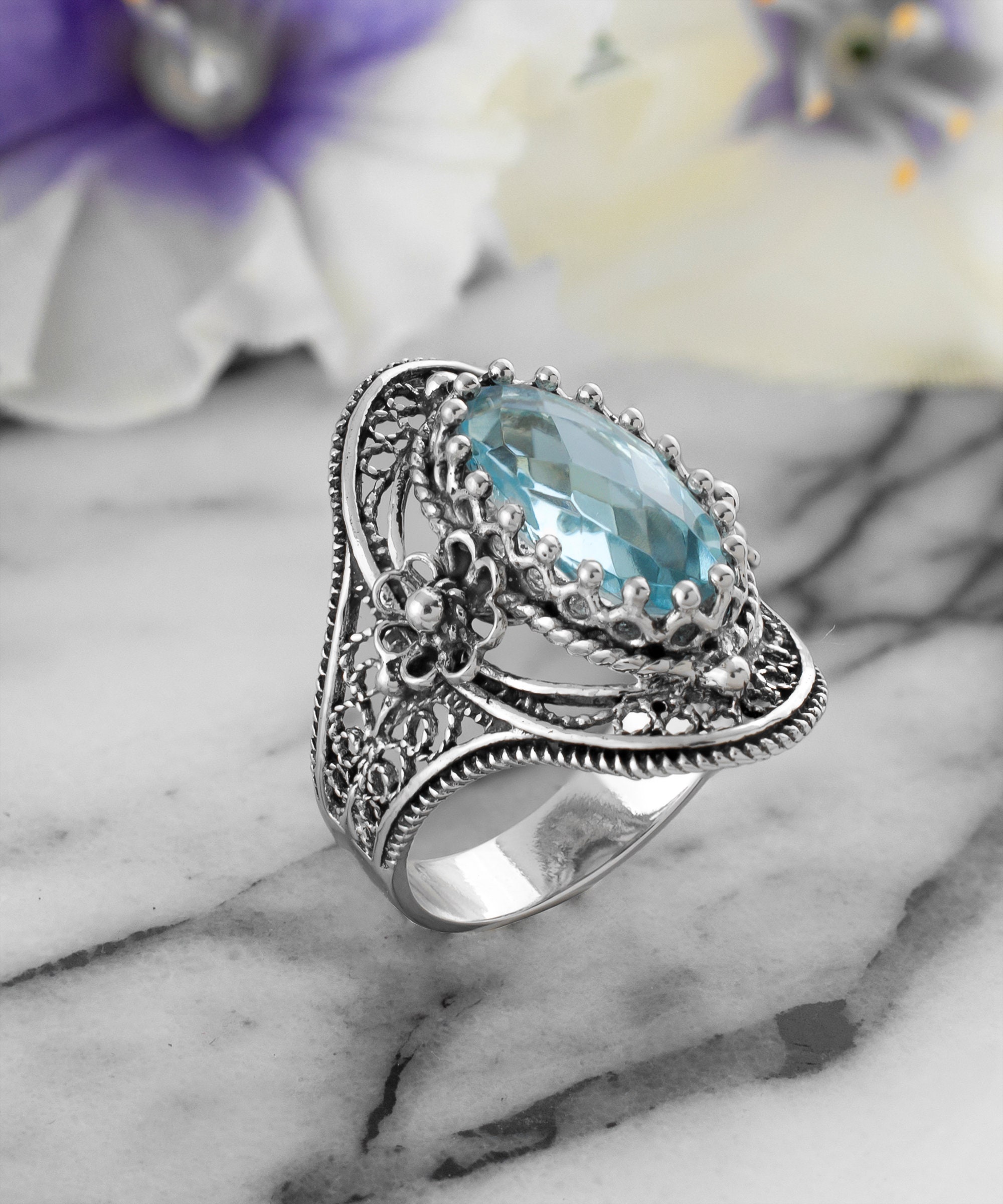 925 Sterling Silver Blue Topaz Women Cocktail Oval Ring, Artisan Made ...