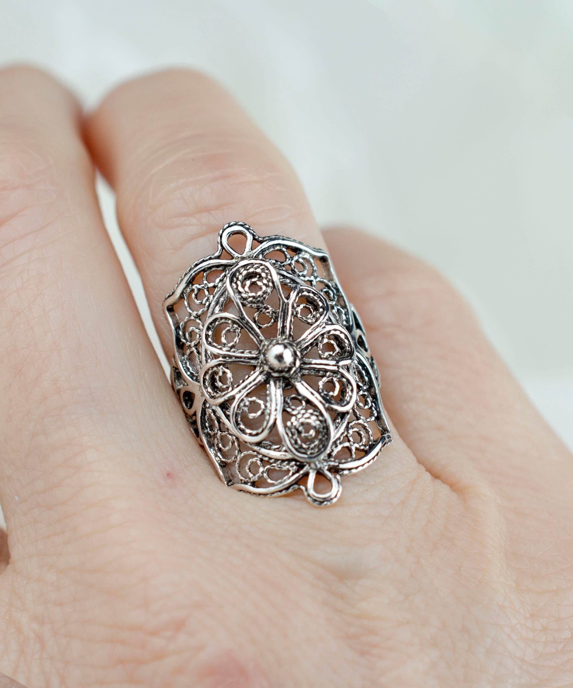 Sterling Silver Women Flower Bold Ring, Artisan Made Handcrafted Lace Embroidery Filigree Art Bold Ring