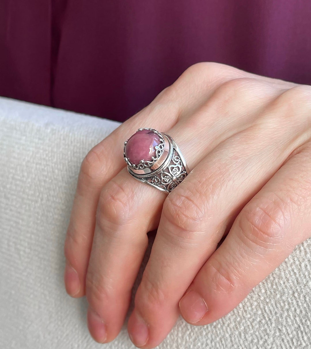 Rhodonite 925 Sterling Silver Ring, Artisan Made Handcrafted Filigree ...