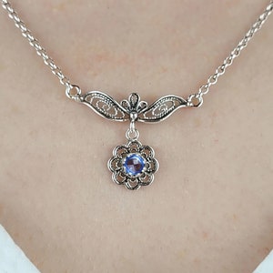 Blue Quartz Gemstone Sterling Silver Women Necklace, Filigree Art Daisy Figured Dainty Choker Pendant Necklace, Citrine - Amethyst Necklace