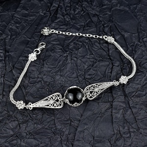 Black Onyx Silver Gothic Dark Aesthetic Bracelet, Unique Handmade Edgy Charm Bracelet Gift, Victorian Retro Women Statement Jewelry