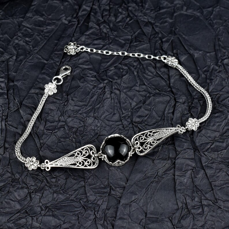 Black Onyx Silver Gothic Dark Aesthetic Bracelet, Unique Handmade Edgy Charm Bracelet Gift, Victorian Retro Women Statement Jewelry
