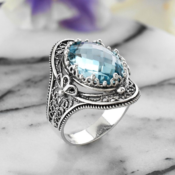 925 Sterling Silver Women Cocktail Oval Ring, Artisan Made Handcrafted Filigree Art Long Ring, Gift Boxed