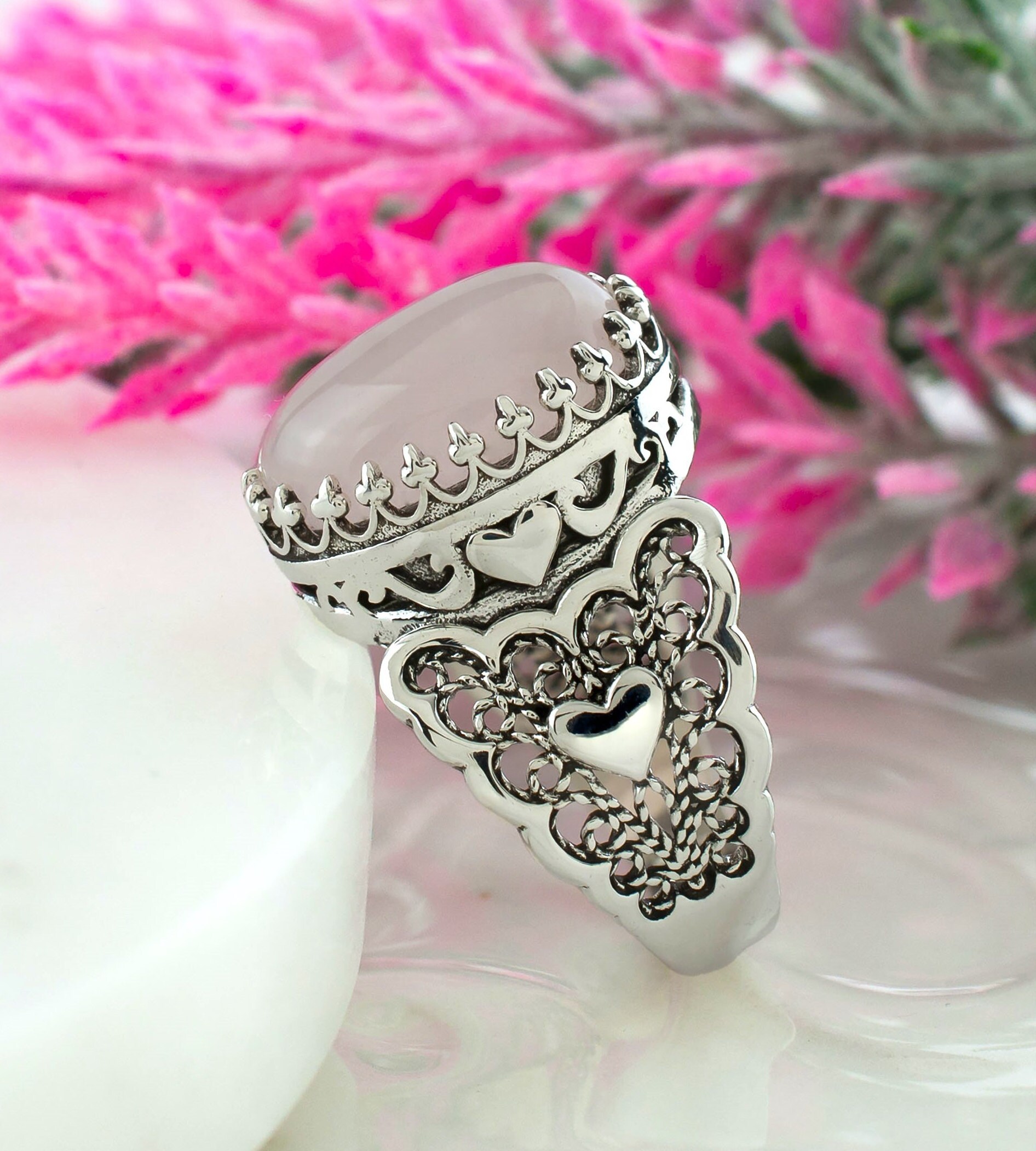 925 Sterling Silver Filigree Art Heart Detailed Women Cocktail Ring ...