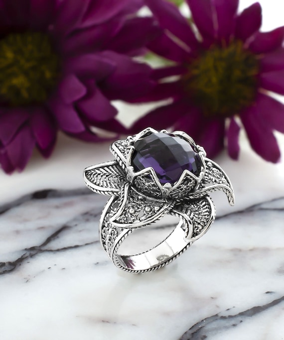 Round Amethyst Butterfly Design Ring Handmade Sterling Silver Round Amethyst Butterfly Design Ring Handmade Sterling Silver