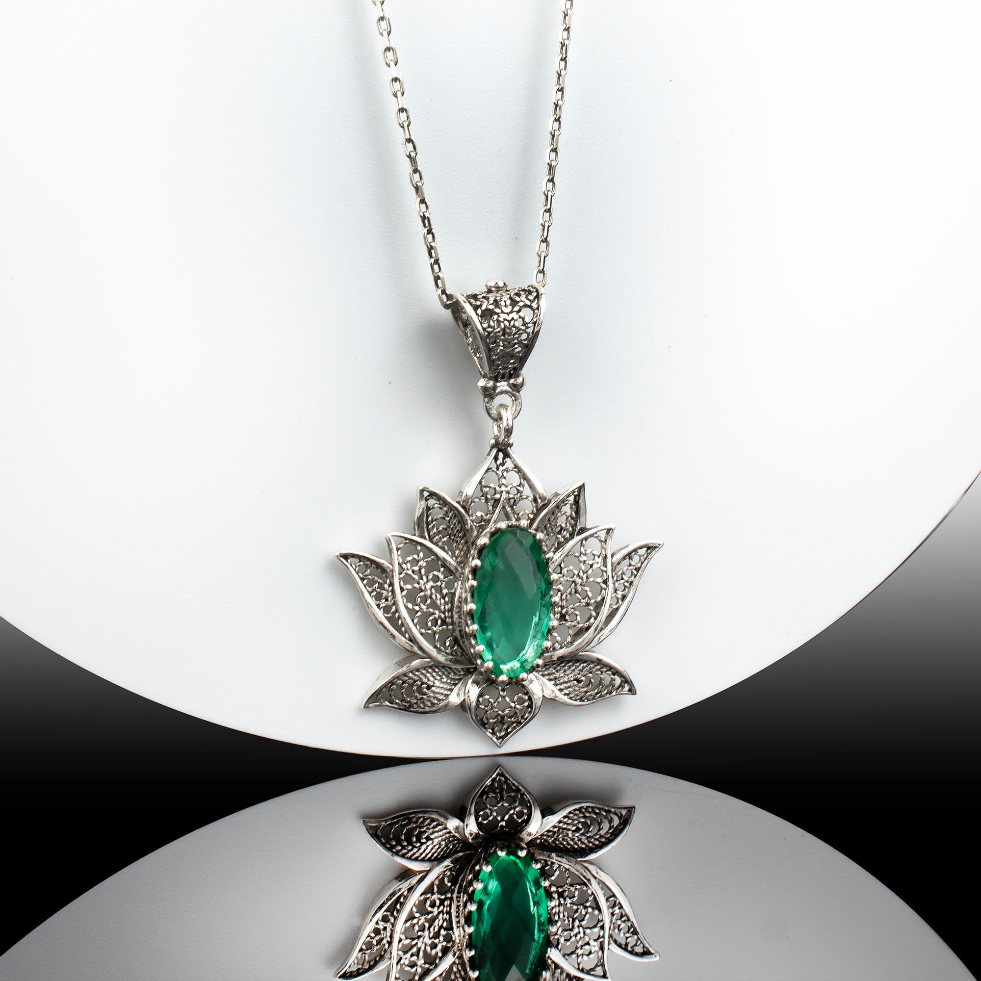 Emerald Gemstone Sterling Silver Lotus Flower Design Woman Pendant Necklace, Filigree Art Ruby Quartz Stone Woman Charm Necklace
