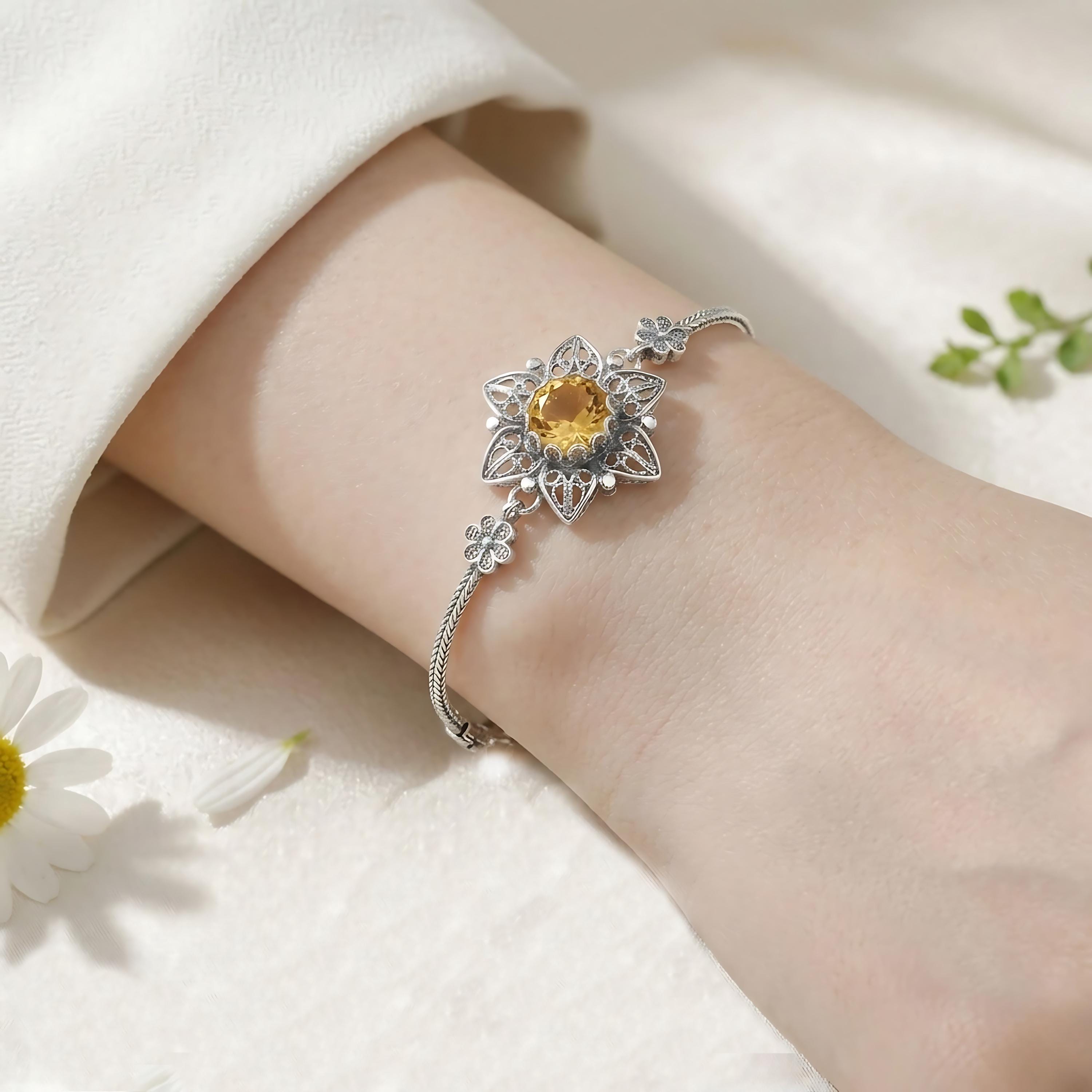 ユリの花シルバーシトリン宝石レディースブレスレット、スターリング 